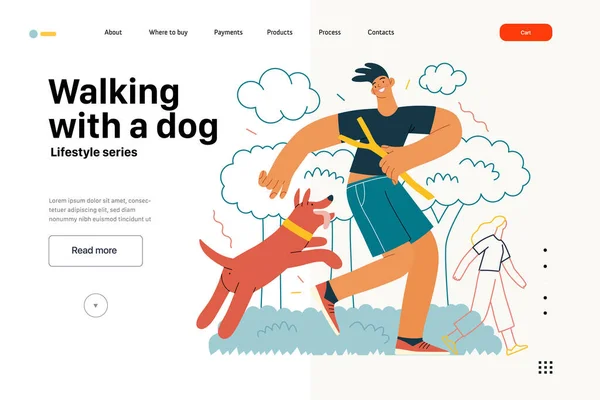 Lifestyle Web Template Lopen Met Een Hond Moderne Platte Vector — Stockvector
