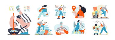 Çevrimiçi alışveriş ve elektronik ticaret illüstrasyonları - çevrimiçi alışverişte insan ve nesnelerin modern düz vektör çizimi. Terfi, indirim, satış ve online sipariş kavramı