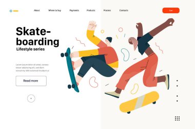 Yaşam tarzı web sitesi şablonu - kaykay - genç bir erkek ve kadın patencinin havada kaykay ile zıplamasının modern düz vektör çizimi.