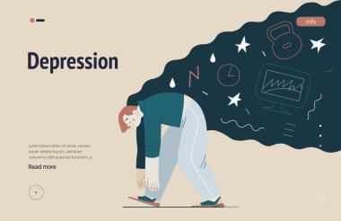 Mental disorders web template. Depression - modern flat vector illustration of tired man suffering under the weight of problems and obligations. People emotional, psychological, mental traumas concept