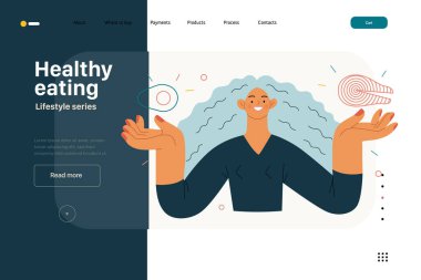 Yaşam tarzı web şablonu - Sağlıklı beslenme - Modern yassı vektör çizimi Sağlıklı dengeli diyet yapan bir kadının somon ve avokado tutarken. İnsan aktiviteleri konsepti