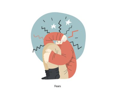 Zihinsel bozukluklar illüstrasyonu. Korkular. Gergin bir kadının modern düz vektör çizimi. Stres deneyimine kendini hazırlaması. İnsanlar duygusal, psikolojik, zihinsel travmalar konsepti