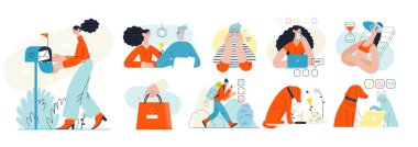 Çevrimiçi alışveriş ve elektronik ticaret illüstrasyonları - çevrimiçi alışverişte insan ve nesnelerin modern düz vektör çizimi. Terfi, indirim, satış ve online sipariş kavramı