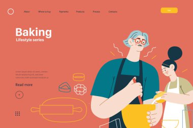 Yaşam tarzı web şablonu - Pişirme - Modern düz vektör çizimi önlük giyen bir erkek ve kız hamur kurabiyesi yapıyor. Kız karışıma biraz süt döküyor. İnsan aktiviteleri konsepti