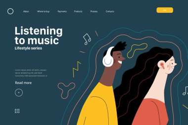 Yaşam tarzı web şablonu - müzik dinlemek - tomurcukları ve kulaklıkları olan ve dalgalarla çevrili müzik dinleyen bir erkek ve kadının modern düz vektör çizimi. İnsan aktiviteleri konsepti