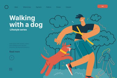 Yaşam tarzı web şablonu - Bir köpekle yürümek - genç bir adam ve dışarıda oynayan bir köpeğin modern düz vektör çizimi. İnsan aktiviteleri konsepti