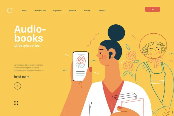 Веб Шаблон Життя Audiobooks Сучасна Пласка Векторна Ілюстрація Жінки Яка — стоковий вектор