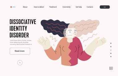 Zihinsel bozukluklar web şablonu. Dissosiyatif kimlik bozukluğu. Çift kişilikli bir kadının modern düz vektör çizimi. İnsanlar duygusal, psikolojik, zihinsel travmalar konsepti