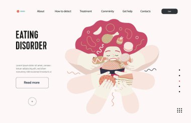 Mental disorders web template. Eating disorder - modern flat vector illustration of a woman stuffing herself meeting with a stress experience. People emotional, psychological, mental traumas concept