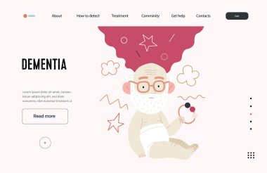 Mental disorders web template. Dementia- modern flat vector illustration of elderly man, weakening of cognitive function, return to childhood. People emotional, psychological, mental traumas concept