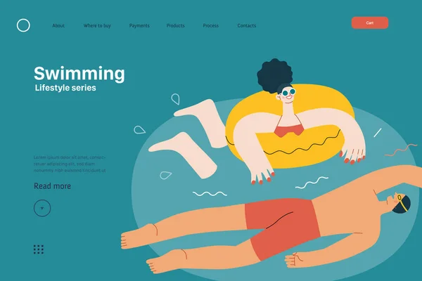 ライフスタイルのウェブサイトテンプレート スイミング プールで泳いでいる男性と女性の現代的なフラットベクトルイラスト 人々の活動コンセプト — ストックベクタ