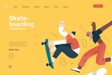 Yaşam tarzı web sitesi şablonu - kaykay - genç bir erkek ve kadın patencinin havada kaykay ile zıplamasının modern düz vektör çizimi.