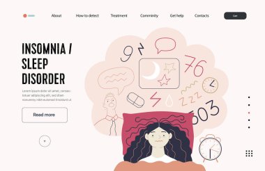 Mental disorders web template. Insomnia, sleep disorder - modern flat vector illustration of a woman meeting with a sleep disorder trying to fall asleep. People emotional, psychological, mental