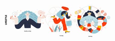 Yaşam tarzı serisi. Sağlıklı beslenme, eko torba, örgü örmenin modern düz vektör çizimi. Halk metaforlar ve hobiler kavramını etkinleştiriyor