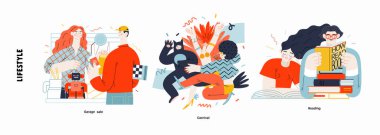 Yaşam tarzı serisi - Modern düz vektör çizimi Garaj satışı, Karnaval, Okuma kitapları. Halk metaforlar ve hobiler kavramını etkinleştiriyor