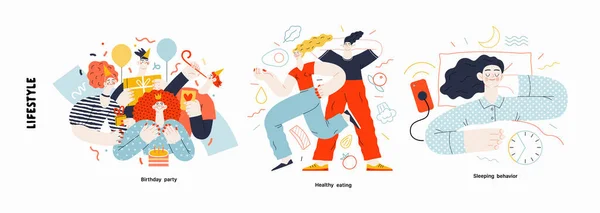 生活方式系列 关于生日聚会 健康饮食 睡眠行为的现代平面图解 人的活动和行为 方法和爱好概念 — 图库矢量图片
