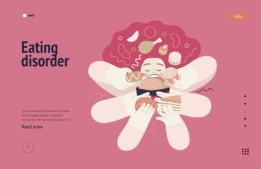 Mental disorders web template. Eating disorder - modern flat vector illustration of a woman stuffing herself meeting with a stress experience. People emotional, psychological, mental traumas concept