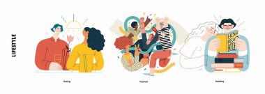 Yaşam tarzı serisi - Modern düz vektör illüstrasyonu Flört, Müzik Festivali, Kitap Okuma. Halk metaforlar ve hobiler kavramını etkinleştiriyor