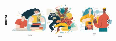 Yaşam tarzı serisi - Modern düz vektör çizimi Garaj satışı, Karnaval, Okuma kitapları. Halk metaforlar ve hobiler kavramını etkinleştiriyor
