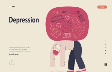 Mental disorders web template. Depression - modern flat vector illustration of tired man suffering under the weight of problems and obligations. People emotional, psychological, mental traumas concept