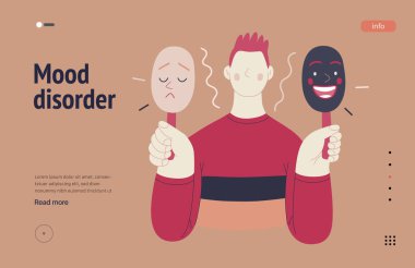 Mental disorders web template. Mood disorder - modern flat vector illustration of a man choosing between two mood extrems. People emotional, psychological, mental traumas concept