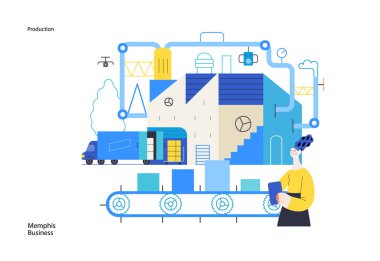 Memphis business illustration. Production -modern flat vector concept illustration of a big factory, warehouse, loading the track, a woman inventorying production. Corporate process metaphor. clipart