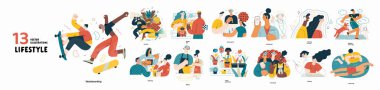 Lifestyle series set - modern flat vector illustrations of people living their lives and engaging in a hobby. People society activities methapors and hobbies concept clipart