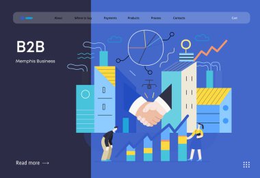 Memphis iş illüstrasyonu. B2B - modern düz vektör konsepti el sıkışma ortakları, endüstriyel binalar ve yöneticilerle çizelge. Şirket ortaklığı metaforu.