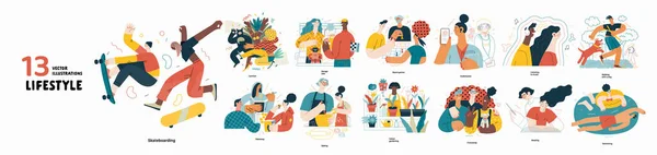 Livsstilsserie Set Moderna Platta Vektor Illustrationer Människor Som Lever Sina — Stock vektor