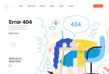 Memphis iş illüstrasyonu. Hata 404 - modern düz vektör konsepti illüstrasyonu sayfa Hata 404 - masadaki umutsuz kadın. Sayfa bulunamadı metafor. Şirket iş satış kavramı