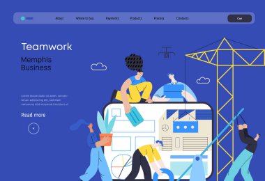 Memphis iş illüstrasyonu. Takım çalışması - modern düz vektör konsepti insanların birlikte çalışmasını, bir şirket web sitesi kurmasını, işbirliği konseptini. Ticari satış metaforu.