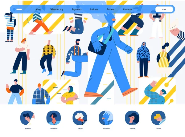 Yapay zeka, yapay zeka ve insanlık. Gündelik hayatta insanlar arasında yürüyen yapay zeka karakterinin modern düz vektör çizimi. AI avantajı metaforu, fayda, dostluk konsepti