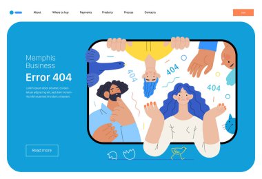 Memphis iş illüstrasyonu. Hata 404 - Hata 404 - Tablet ekranında insanları şaşırtan sayfa Hata 404 - modern düz vektör konsepti çizimi. Sayfa bulunamadı metafor. Şirket iş satış kavramı
