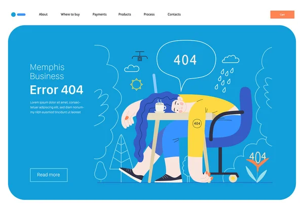 孟菲斯的商业例证 错误404 现代平面向量概念插图页错误404 绝望的女人在办公桌前 页没有找到隐喻 公司业务销售概念 — 图库矢量图片