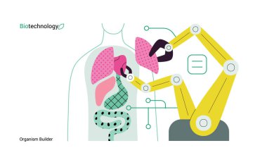 Biyo Teknoloji, Organizma Üreticisi - modern düz vektör konsepti. Robot montaj organizması, organları temsil eden parçalar kullanıyor. Yenileyici tıp ve 3D baskı metaforu