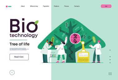 Bio Teknoloji, Yaşam Ağacı. Yaprakları çeşitli DNA türlerini temsil eden bilim insanlarının ağacı gözlemlediği modern düz vektör çizimi. Genetik araştırma ve yaşam çeşitliliği metaforu