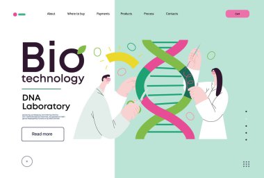 Bio Teknoloji, DNA Laboratuvarı - modern vektör konsepti. Bilim adamları DNA çift sarmalını inceliyor, parçaları değiştiriyor ve yeniden düzenliyor. Tarım ve tıptaki gelişmelerin metaforu