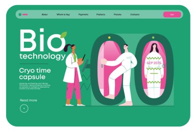 Bio Teknoloji, Cryocapsule Time Freezer - donmuş zaman kasalarını andıran gelecekçi kriyokapsüllerin modern düz vektör çizimi. Kriyonik teknoloji ile yaşamı ve zamanı koruma metaforu