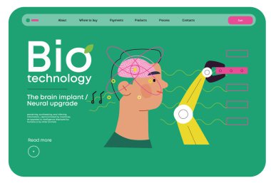 Bio-teknoloji, beyin implantı, sinirsel güncelleme, beyin implantı, bütünleşme, gelişmiş bilişsel yetenekler için modern düz vektör konsepti. Potansiyel ve sinirsel güncellemelerin sınırları zorlanıyor