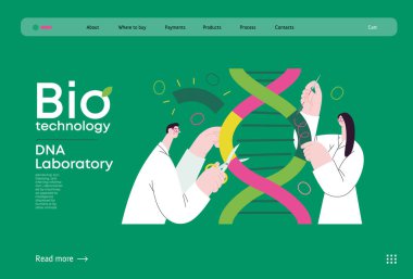 Bio Teknoloji, DNA Laboratuvarı - modern vektör konsepti. Bilim adamları DNA çift sarmalını inceliyor, parçaları değiştiriyor ve yeniden düzenliyor. Tarım ve tıptaki gelişmelerin metaforu