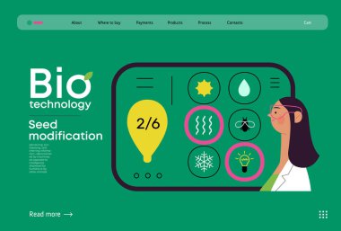 Bio Teknoloji, Tohum Modifikasyonu - Modern düz vektör konsepti bilim adamlarının tohum, genetik modifiye edilmiş varyantlar için özellikler seçtiğini gösteriyor. GDO 'nun bitkiler üzerindeki doğrudan etkisinin metaforu