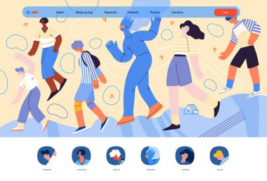 Yapay zeka, yapay zeka ve insanlık. Gündelik hayatta insanlar arasında yürüyen yapay zeka karakterinin modern düz vektör çizimi. AI avantajı metaforu, fayda, dostluk konsepti