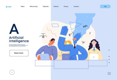 Yapay zeka çizimi. Sınıftaki bir grup öğrencinin modern düz vektör çizimi üzerine çalışmalar yapıyor. Yapay zeka metaforu, avantaj, üstünlük ve üstünlük kavramı