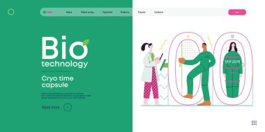 Bio Teknoloji, Cryocapsule Time Freezer - donmuş zaman kasalarını andıran gelecekçi kriyokapsüllerin modern düz vektör çizimi. Kriyonik teknoloji ile yaşamı ve zamanı koruma metaforu