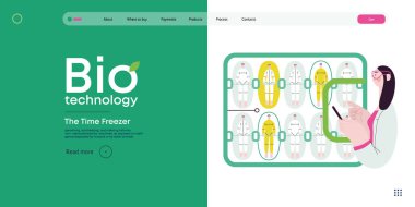 Bio Teknoloji, Cryocapsule Time Freezer - donmuş zaman kasalarını andıran gelecekçi kriyokapsüllerin modern düz vektör çizimi. Kriyonik teknoloji ile yaşamı ve zamanı koruma metaforu