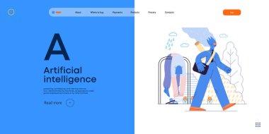 Yapay zeka çizimi. İş - modern düz vektör çizimi - Yapay zeka insan yerine çalışacak, üzgün kadın evde kalacak. Yapay zeka metaforu, avantaj, üstünlük ve üstünlük kavramı