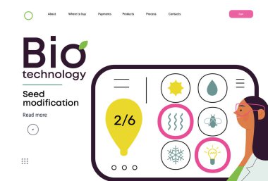 Bio Teknoloji, Tohum Modifikasyonu - Modern düz vektör konsepti bilim adamlarının tohum, genetik modifiye edilmiş varyantlar için özellikler seçtiğini gösteriyor. GDO 'nun bitkiler üzerindeki doğrudan etkisinin metaforu