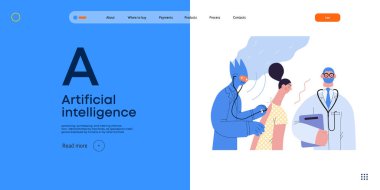 Yapay zeka, yapay zeka, modern düz vektör konsepti, steteskoplu yapay zeka hastasının yapay zeka çizimi. Yakınlarda bir insan doktor. AI avantajı, üstünlük ve üstünlük metaforu