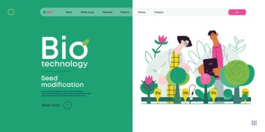 Bio Teknoloji, Tohum Modifikasyonu - Modern düz vektör konsepti bir bitkinin genetik değiştirilmiş varyantlarını analiz eden bilim adamları. GDO 'nun bitkiler üzerindeki doğrudan etkisinin metaforu