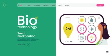 Bio Teknoloji, Tohum Modifikasyonu - Modern düz vektör konsepti bilim adamlarının tohum, genetik modifiye edilmiş varyantlar için özellikler seçtiğini gösteriyor. GDO 'nun bitkiler üzerindeki doğrudan etkisinin metaforu